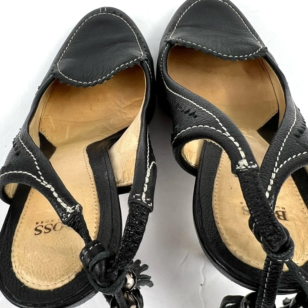 Hugo Boss Tassel Fringe Trim Leather Heels 39/8.0 Black Designer Quiet Luxury - Picture 5 of 17